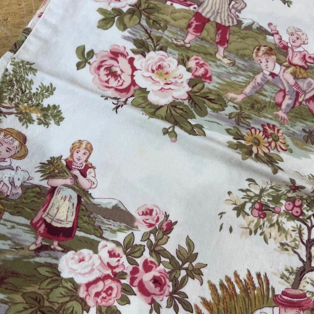 Vtg Handmade Standard Pillowcase Set 2 Toile Floral Pastoral Pink Green Cotton